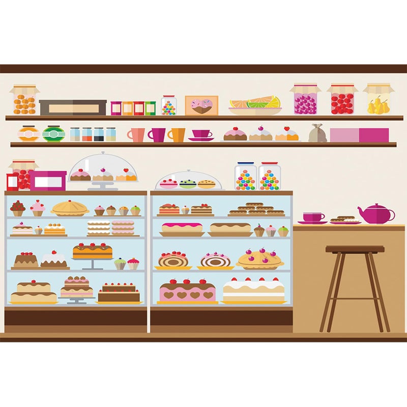 Baocicco 7x5ft Bakery Cafe Goods Shelf Backdrop Birthday Cake Lollipop Jelly Bean Cupcake Cartoon Sweets Shop Photography Background Bakery Shop Birthday Party for Girls Boys Portrait Photo Prop - Image 1